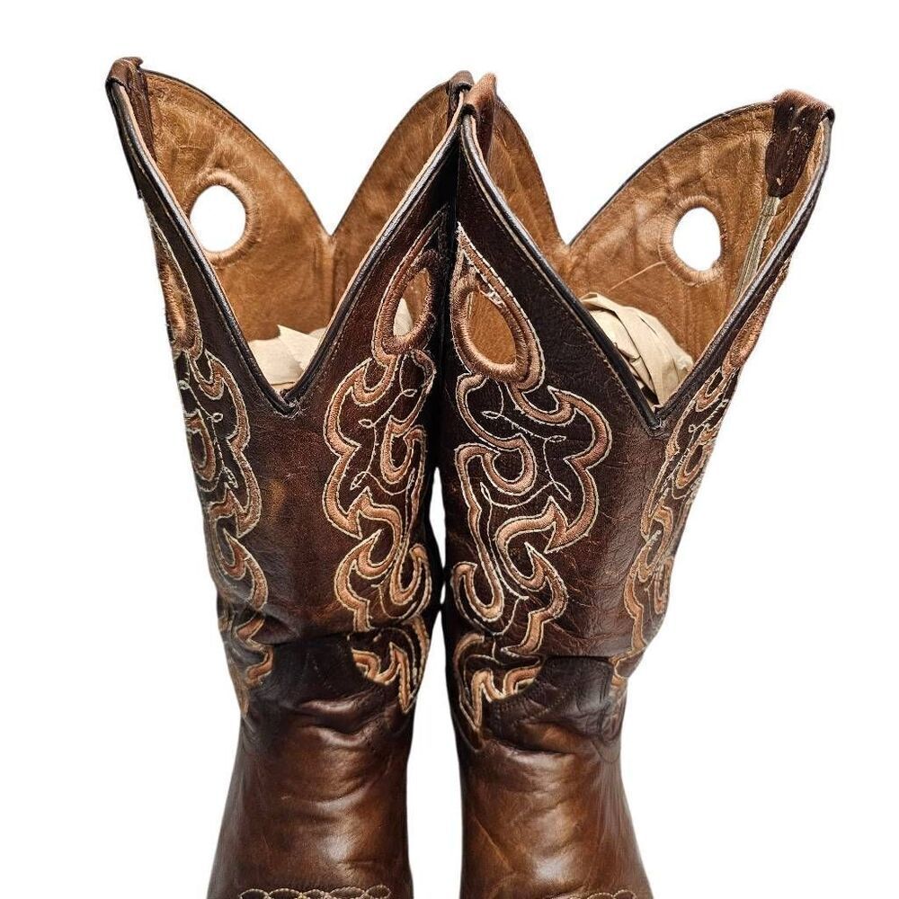 Circle G Womens Cutout Embroidery Cognac Brown Square Toe Boots  Made in Mexico - Picture 9 of 14